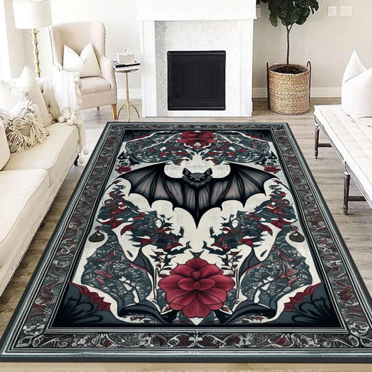 Gothic Bat Rug with Red Floral, Witchcore Decor Carpet for Dark Academia Room, Elegant Gothic Tapestry for Maximalist Goth Interiors