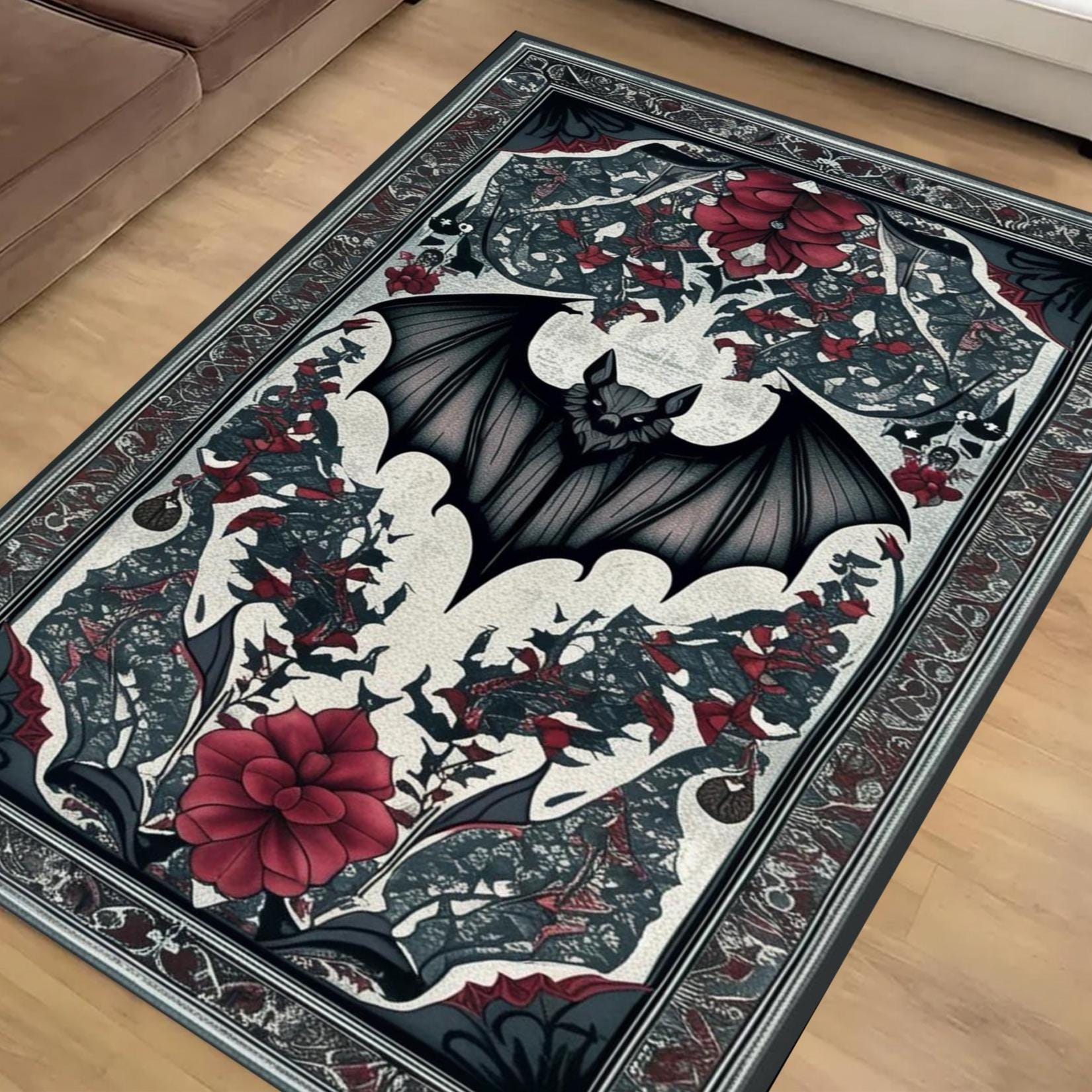 Gothic Bat Rug with Red Floral, Witchcore Decor Carpet for Dark Academia Room, Elegant Gothic Tapestry for Maximalist Goth Interiors
