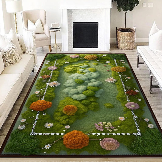 Botanical Moss Area Rug - Washable Green Floral Rug for Cottagecore, Farmhouse & Garden Inspired Home Decor Wildflower Plant Design