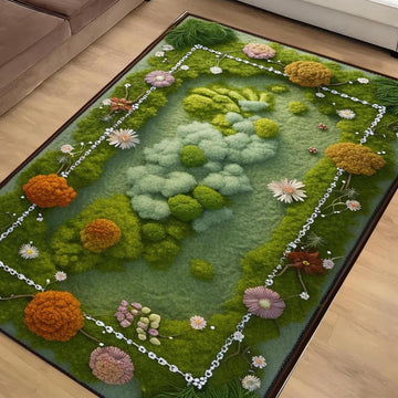 Botanical Moss Area Rug - Washable Green Floral Rug for Cottagecore, Farmhouse & Garden Inspired Home Decor Wildflower Plant Design