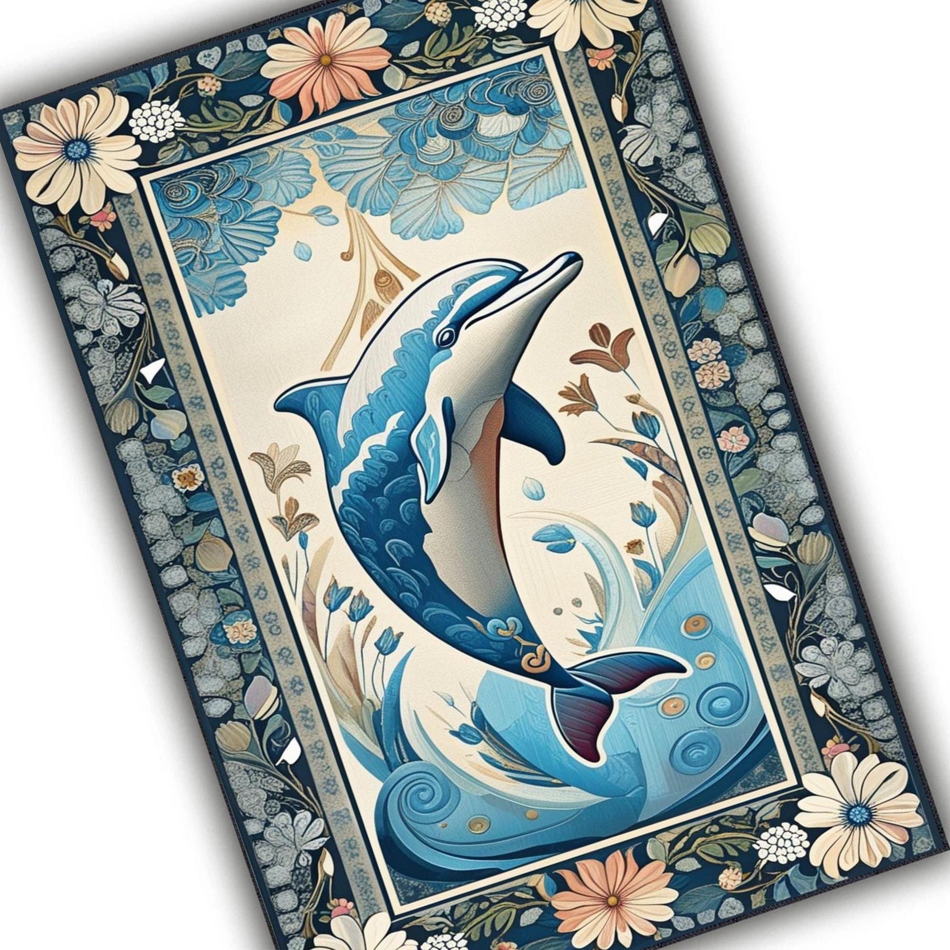 Dolphin Design Rug with Floral Persian Border, Underwater Animals Sea Rug for Living Room, Unique Gift Rug & Home Decor