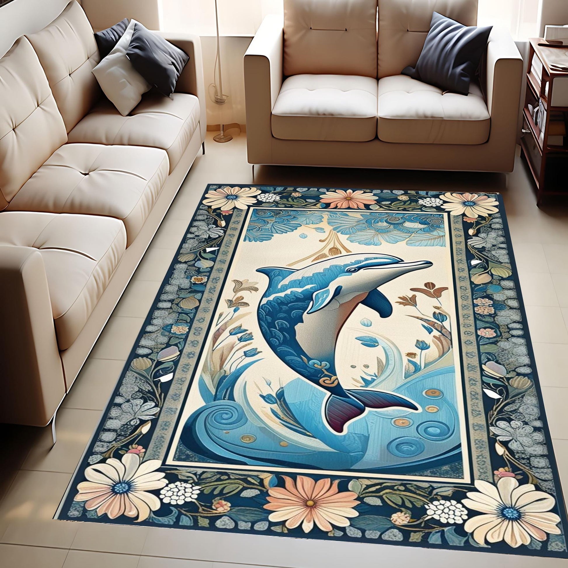 Dolphin Design Rug with Floral Persian Border, Underwater Animals Sea Rug for Living Room, Unique Gift Rug & Home Decor