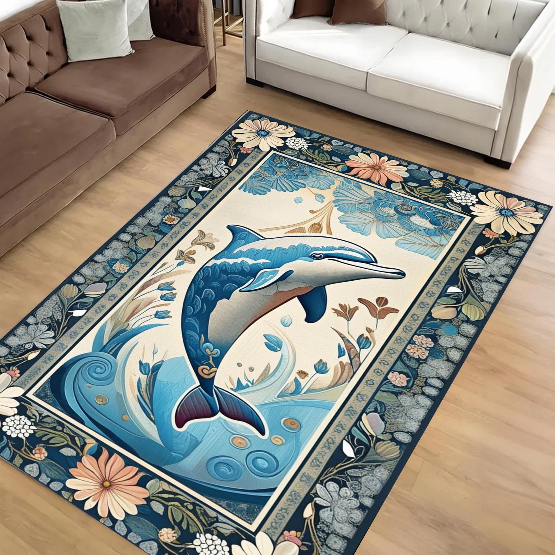 Dolphin Design Rug with Floral Persian Border, Underwater Animals Sea Rug for Living Room, Unique Gift Rug & Home Decor