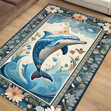 Dolphin Design Rug with Floral Persian Border, Underwater Animals Sea Rug for Living Room, Unique Gift Rug & Home Decor