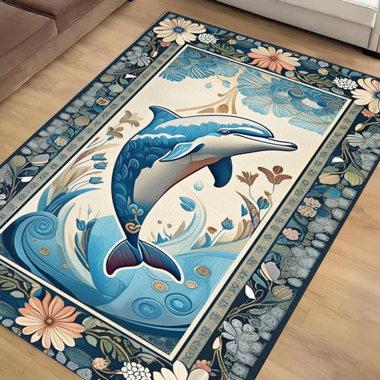 Dolphin Design Rug with Floral Persian Border, Underwater Animals Sea Rug for Living Room, Unique Gift Rug & Home Decor