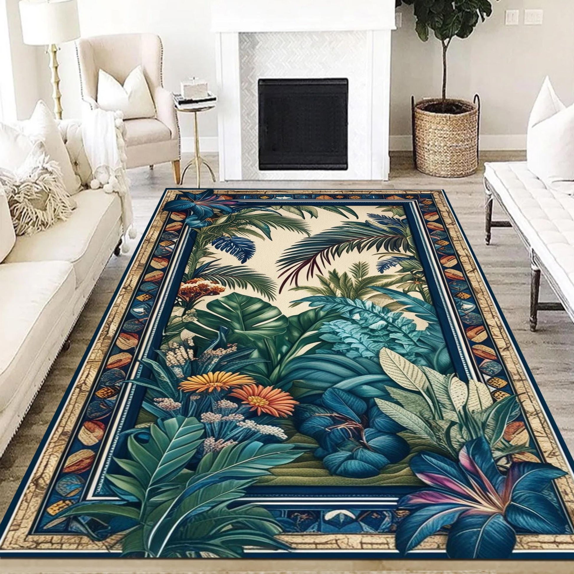 Tropical Forest Area Rug Non-Slip - Palm Trees Jungle Floral Carpet for Living Room Boho Botanical Nature Floor Decor