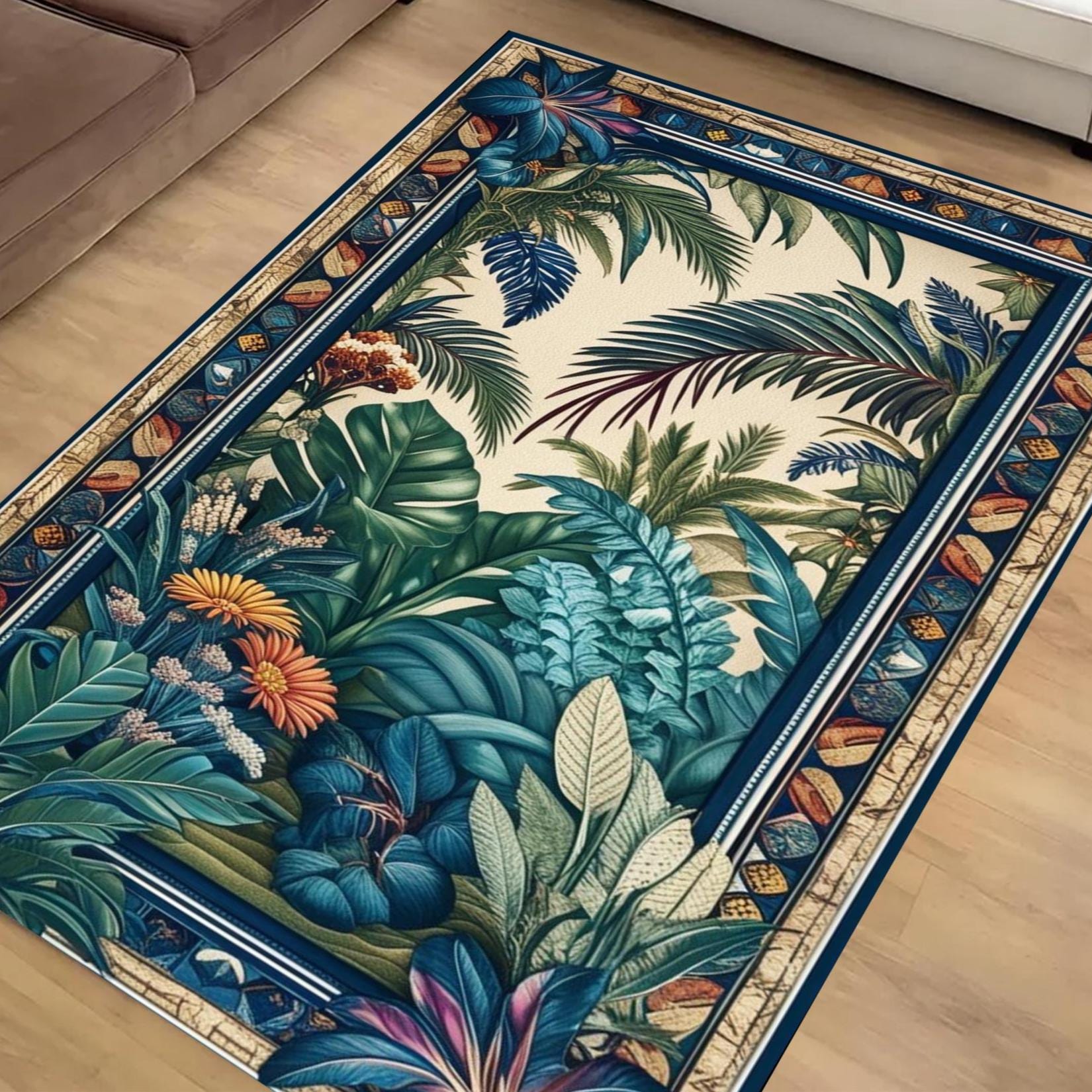 Tropical Forest Area Rug Non-Slip - Palm Trees Jungle Floral Carpet for Living Room Boho Botanical Nature Floor Decor