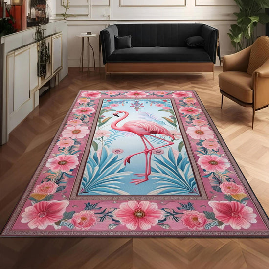 Flamingo Rug with Persian Border, Animal Floral Art Deco Decor Unique Living Room Entry Maximalist Popular Accent Carpet