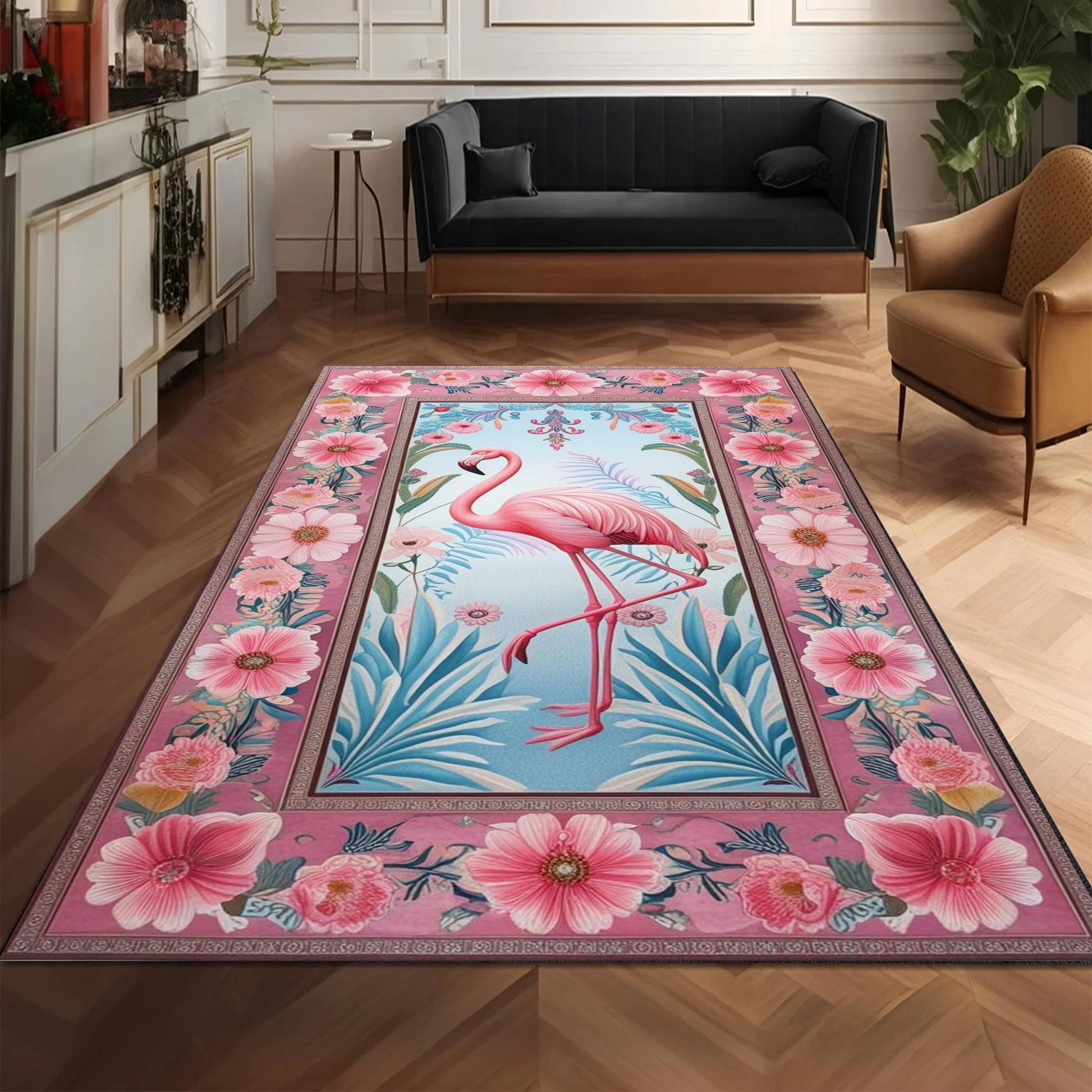 Flamingo Rug with Persian Border, Animal Floral Art Deco Decor Unique Living Room Entry Maximalist Popular Accent Carpet