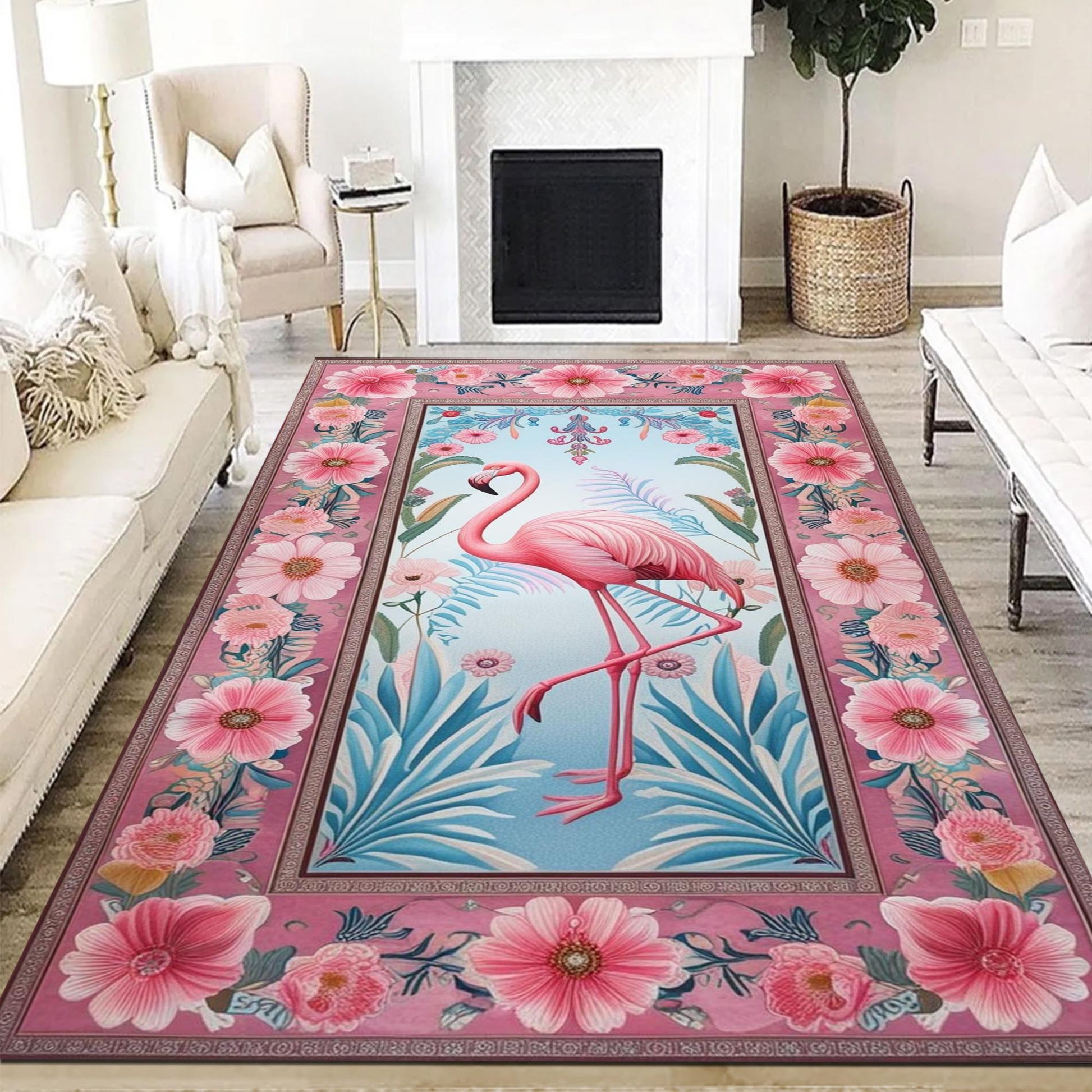 Flamingo Rug with Persian Border, Animal Floral Art Deco Decor Unique Living Room Entry Maximalist Popular Accent Carpet