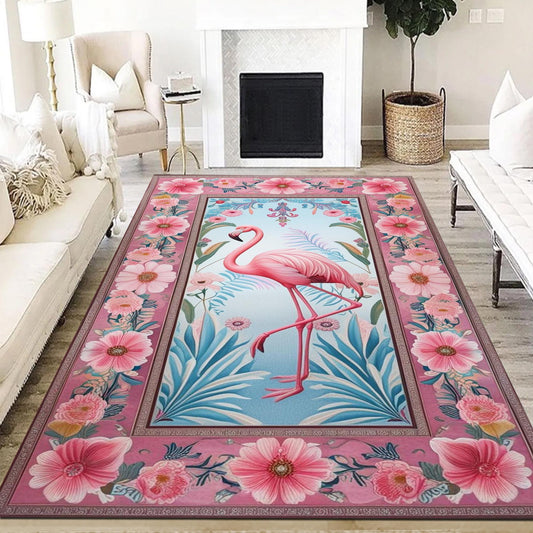 Flamingo Rug with Persian Border, Animal Floral Art Deco Decor Unique Living Room Entry Maximalist Popular Accent Carpet