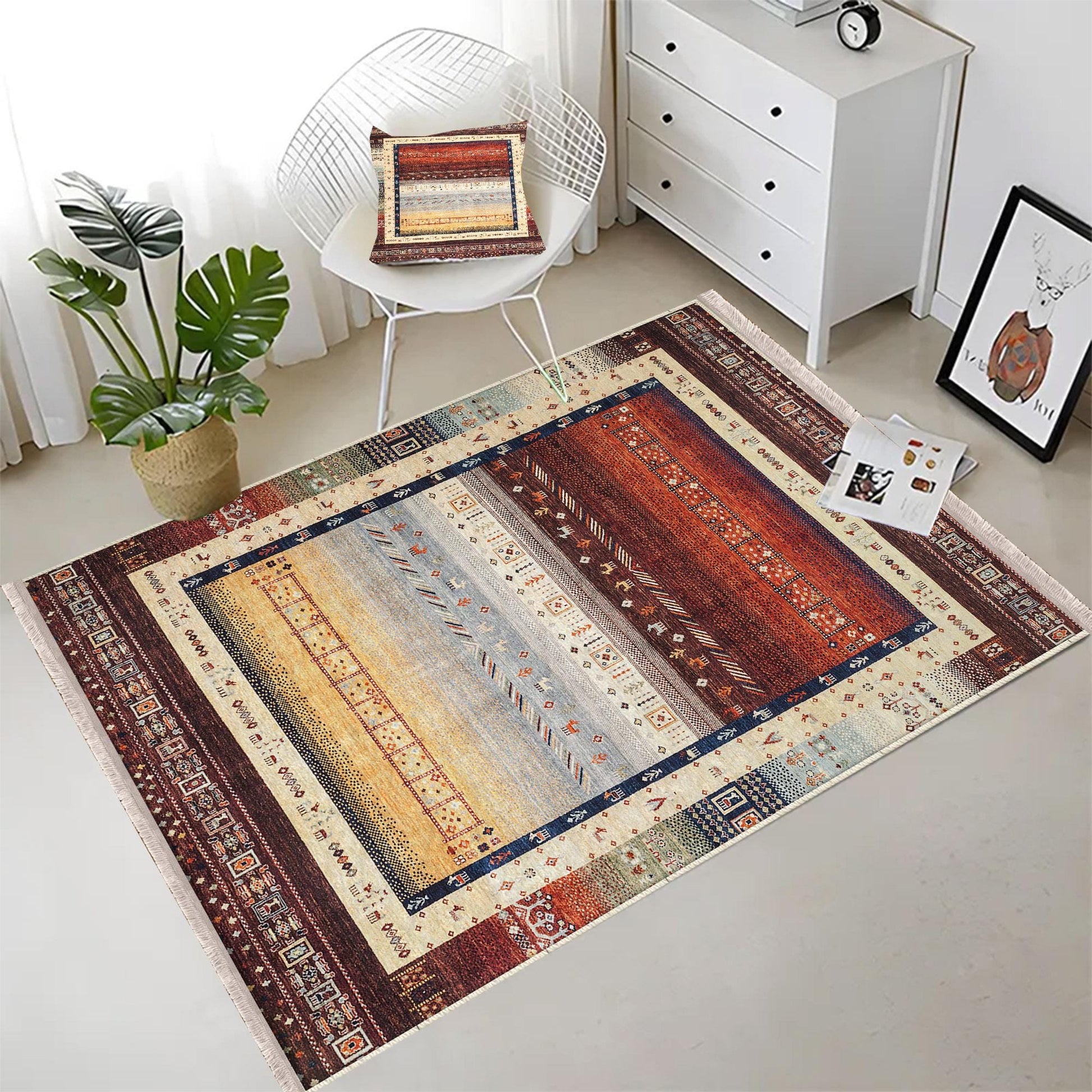 Authentic Ethnic Retro Persian Non-Slip Turkish Kilim Area Rug, Washable Living Room Rugs with pillow case gift, Housewarming Gift