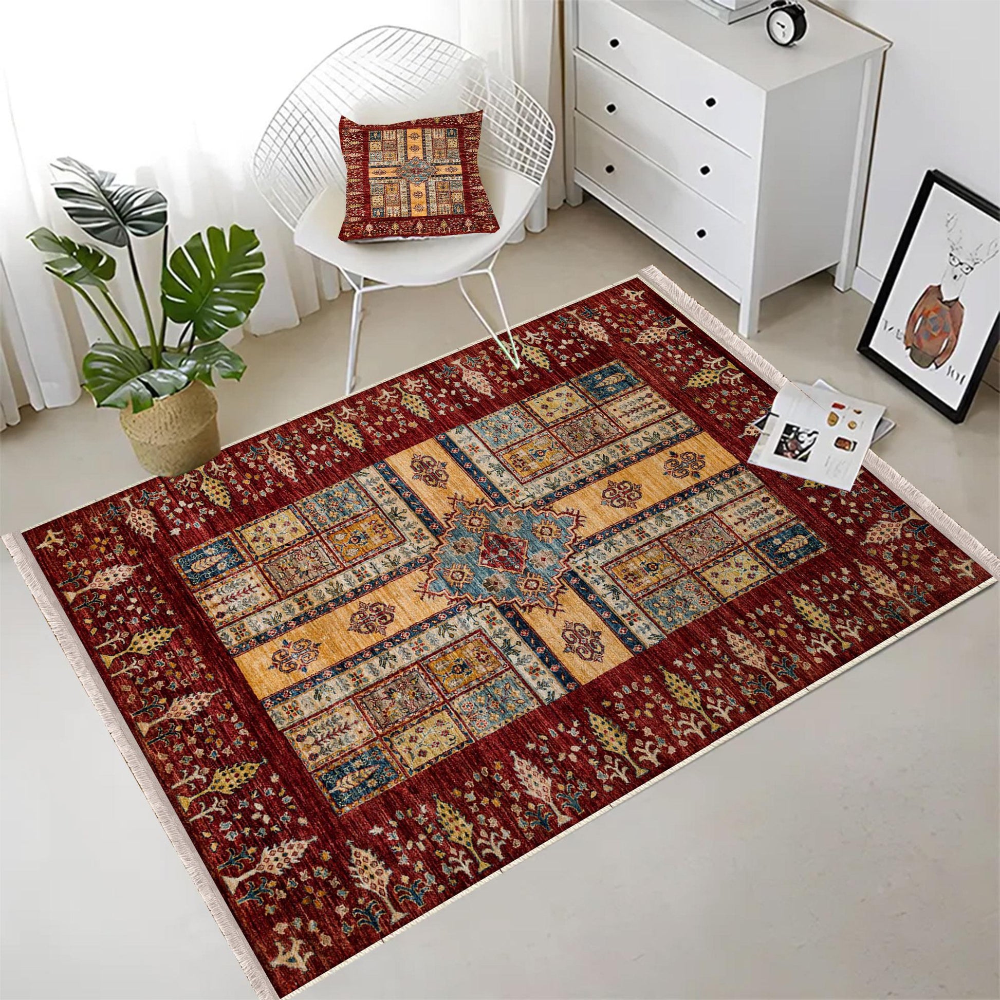 Authentic Ethnic Retro Persian Non-Slip Turkish Kilim Area Rug, Washable Living Room Rugs with pillow case gift, Housewarming Gift