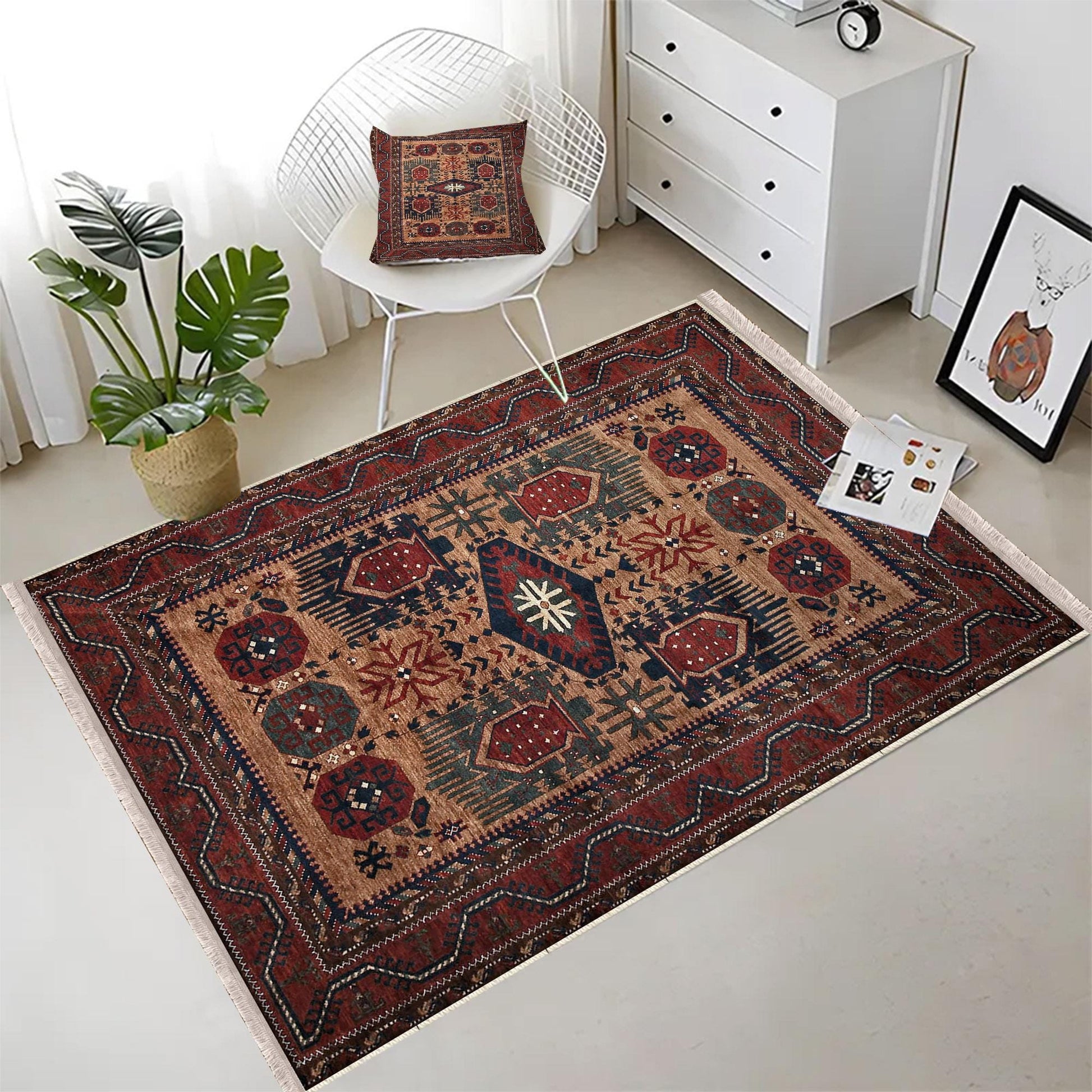 Authentic Ethnic Retro Persian Non-Slip Turkish Kilim Area Rug, Washable Living Room Rugs with pillow case gift, Housewarming Gift