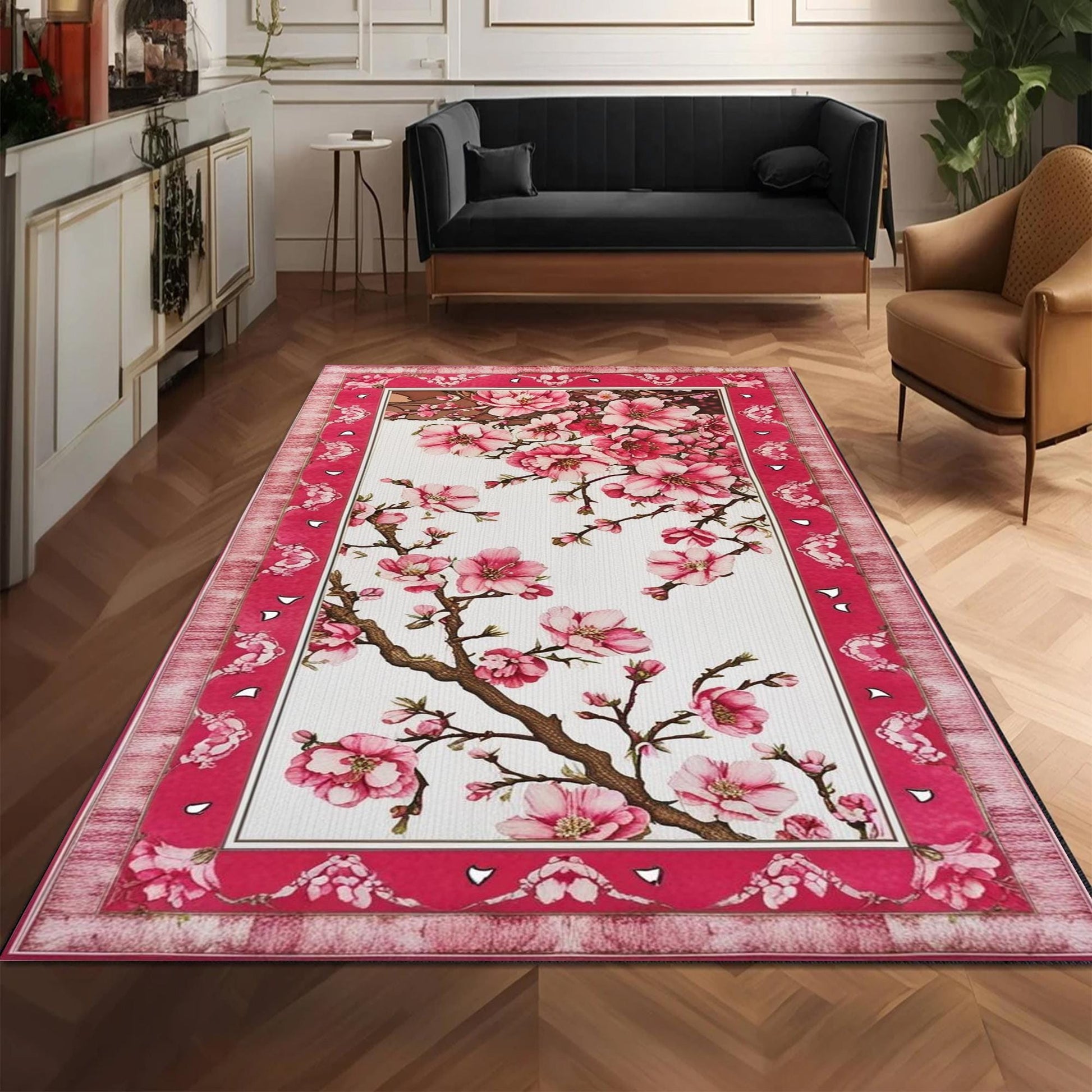 Cherry Blossom Rug Vintage Look Pink Rug Cozy Cottagecore Home Decor Cute Bedroom Aesthetic Girly Room Decor