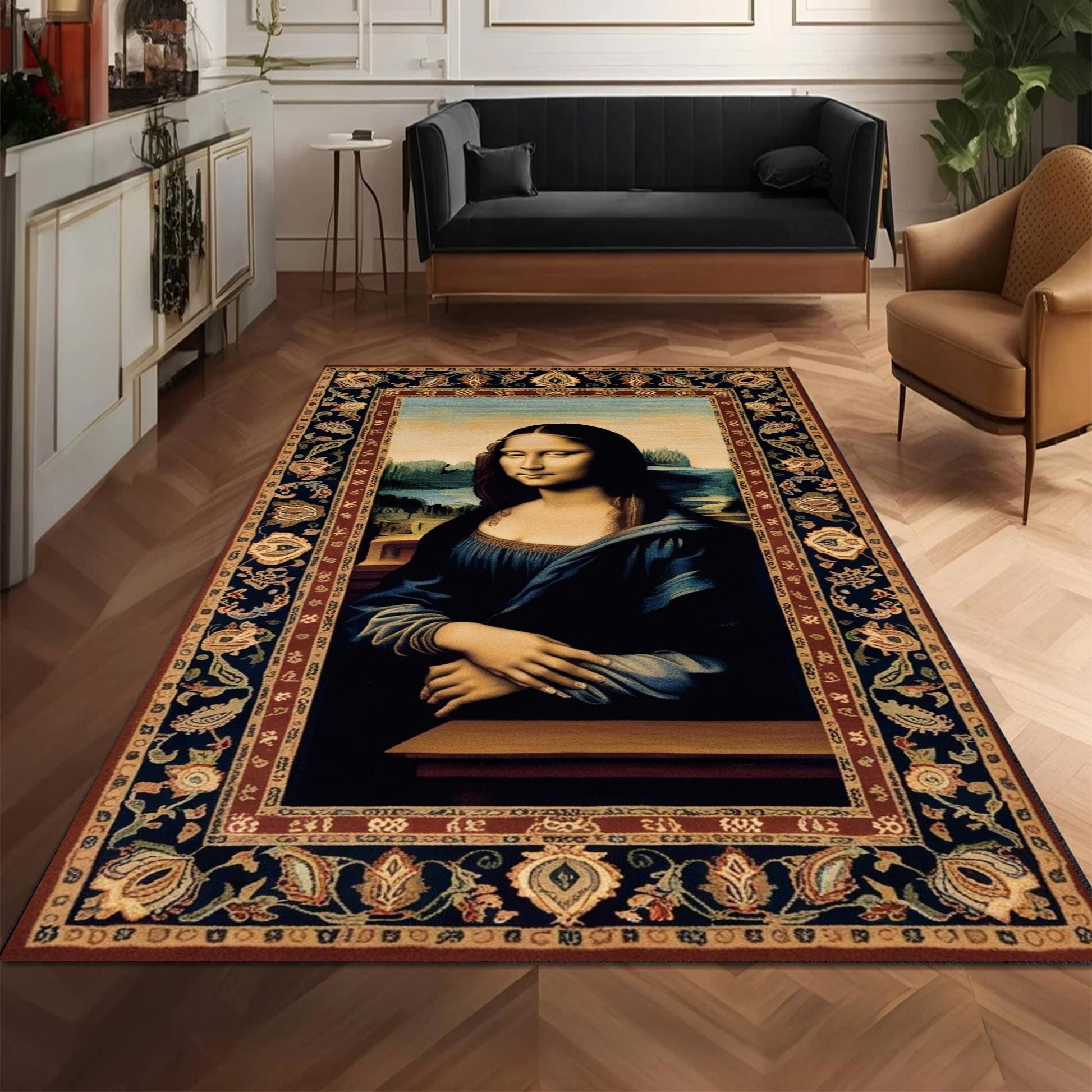 Mona Lisa Rug – Patterned Area Rug Featuring Leonardo da Vinci’s Famous Painting, Classical Art Decor, Unique Gift for Art Lovers