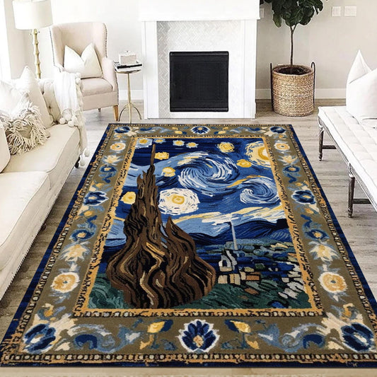 Vincent Van Gogh Starry Night Oriental Rug - Traditional Area Rug, Art-Inspired Carpet for Living Room & Bedroom Decor