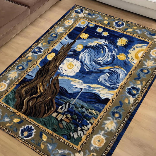 Vincent Van Gogh Starry Night Oriental Rug - Traditional Area Rug, Art-Inspired Carpet for Living Room & Bedroom Decor