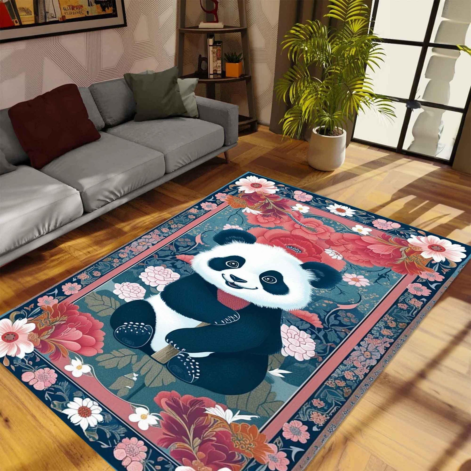 Panda Rug Floral Carpet – Maximalist Non-Slip Area Rug for Living Room, Bedroom, Girls Room Decor, Unique Gift for Panda Lovers