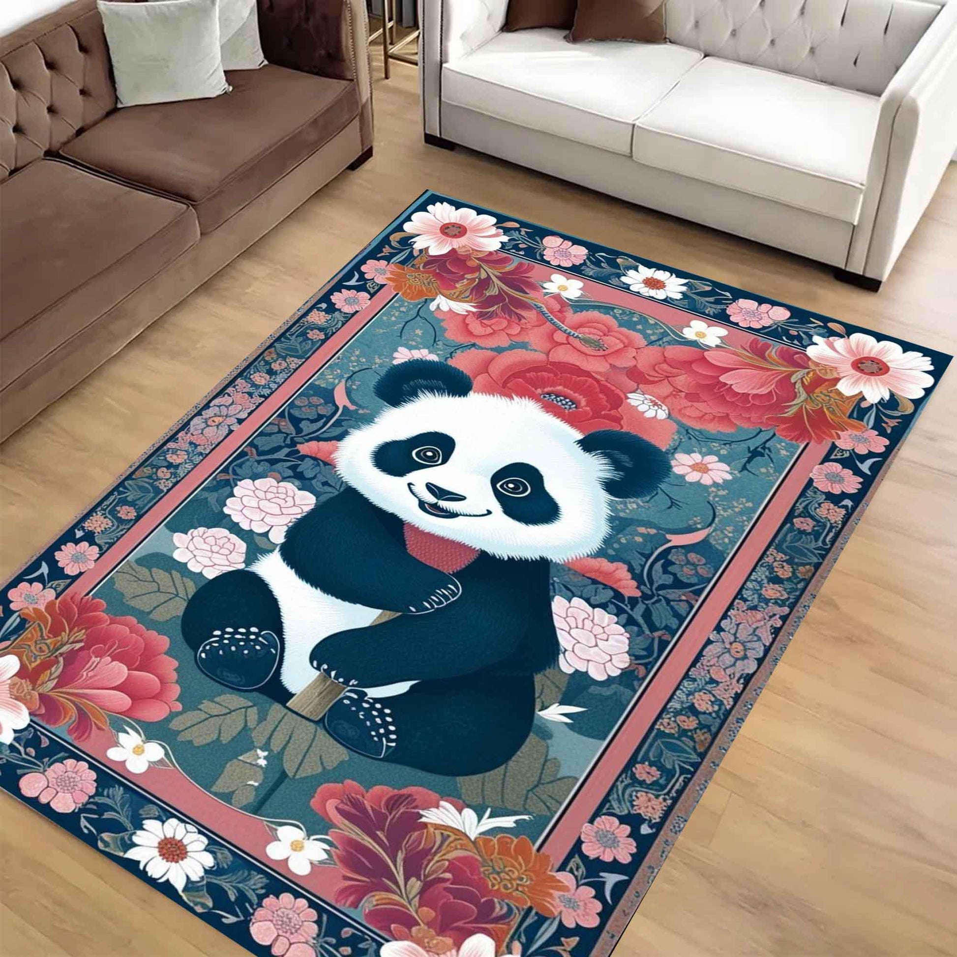 Panda Rug Floral Carpet – Maximalist Non-Slip Area Rug for Living Room, Bedroom, Girls Room Decor, Unique Gift for Panda Lovers