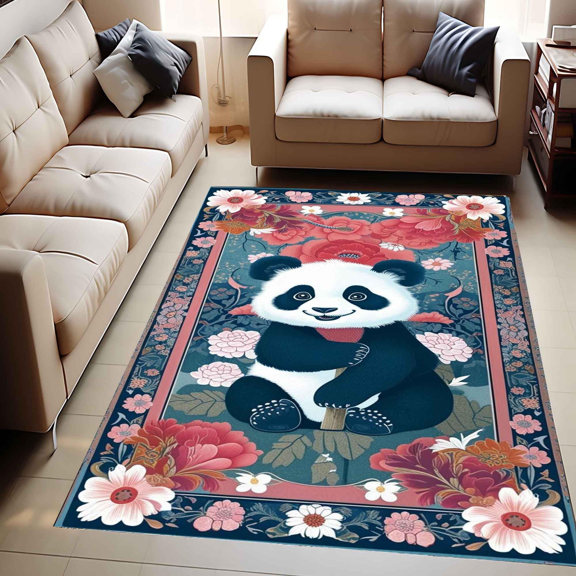 Panda Rug Floral Carpet – Maximalist Non-Slip Area Rug for Living Room, Bedroom, Girls Room Decor, Unique Gift for Panda Lovers