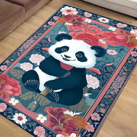 Panda Rug Floral Carpet – Maximalist Non-Slip Area Rug for Living Room, Bedroom, Girls Room Decor, Unique Gift for Panda Lovers