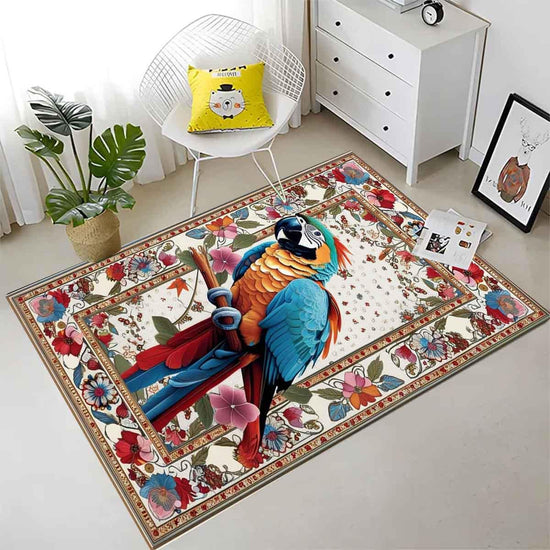 Traditional Parrot Rug with Teal & Pink Floral Accents, Rustic Wildlife Area Rug, Oriental Baby Parrot Gift, Forest Decor