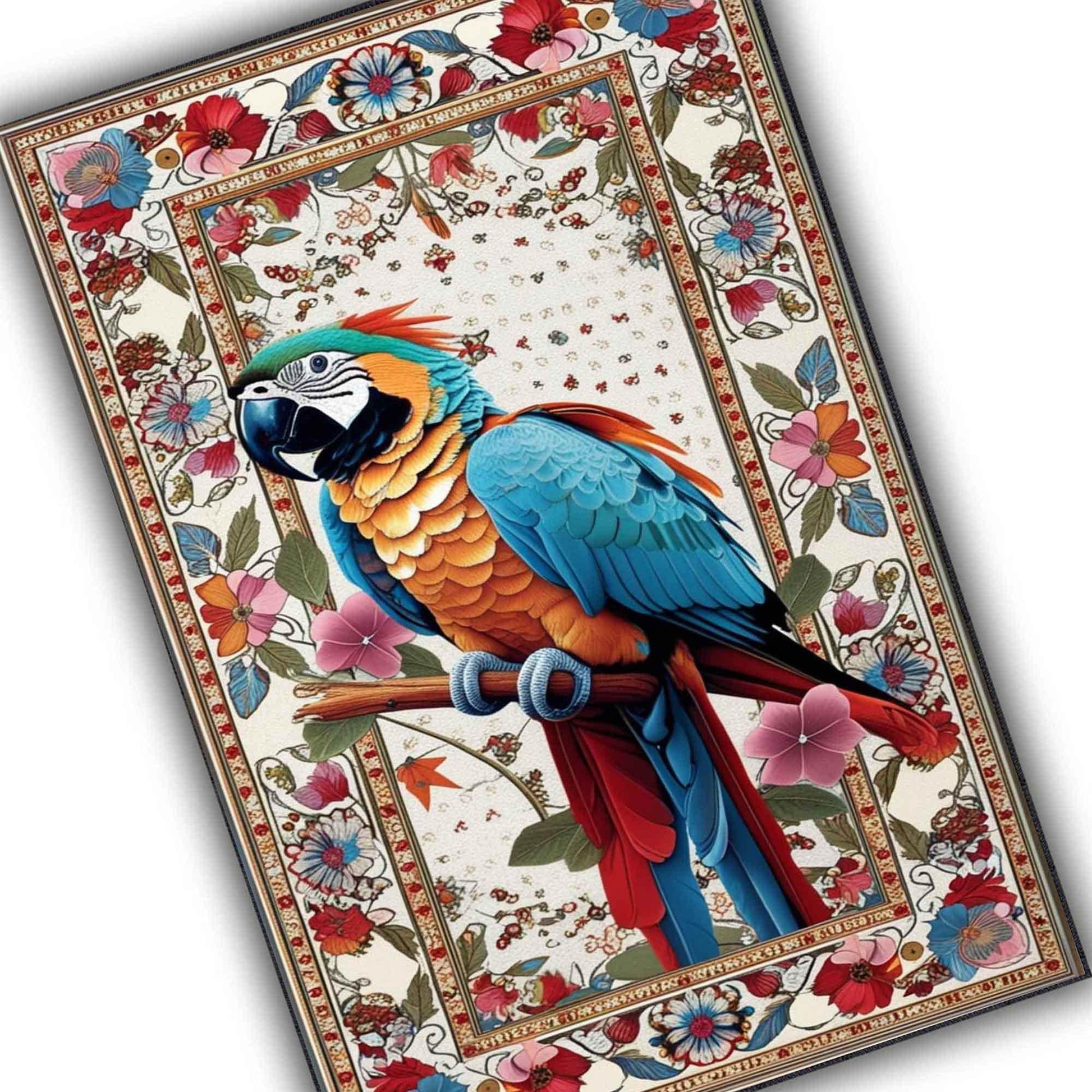 Traditional Parrot Rug with Teal & Pink Floral Accents, Rustic Wildlife Area Rug, Oriental Baby Parrot Gift, Forest Decor