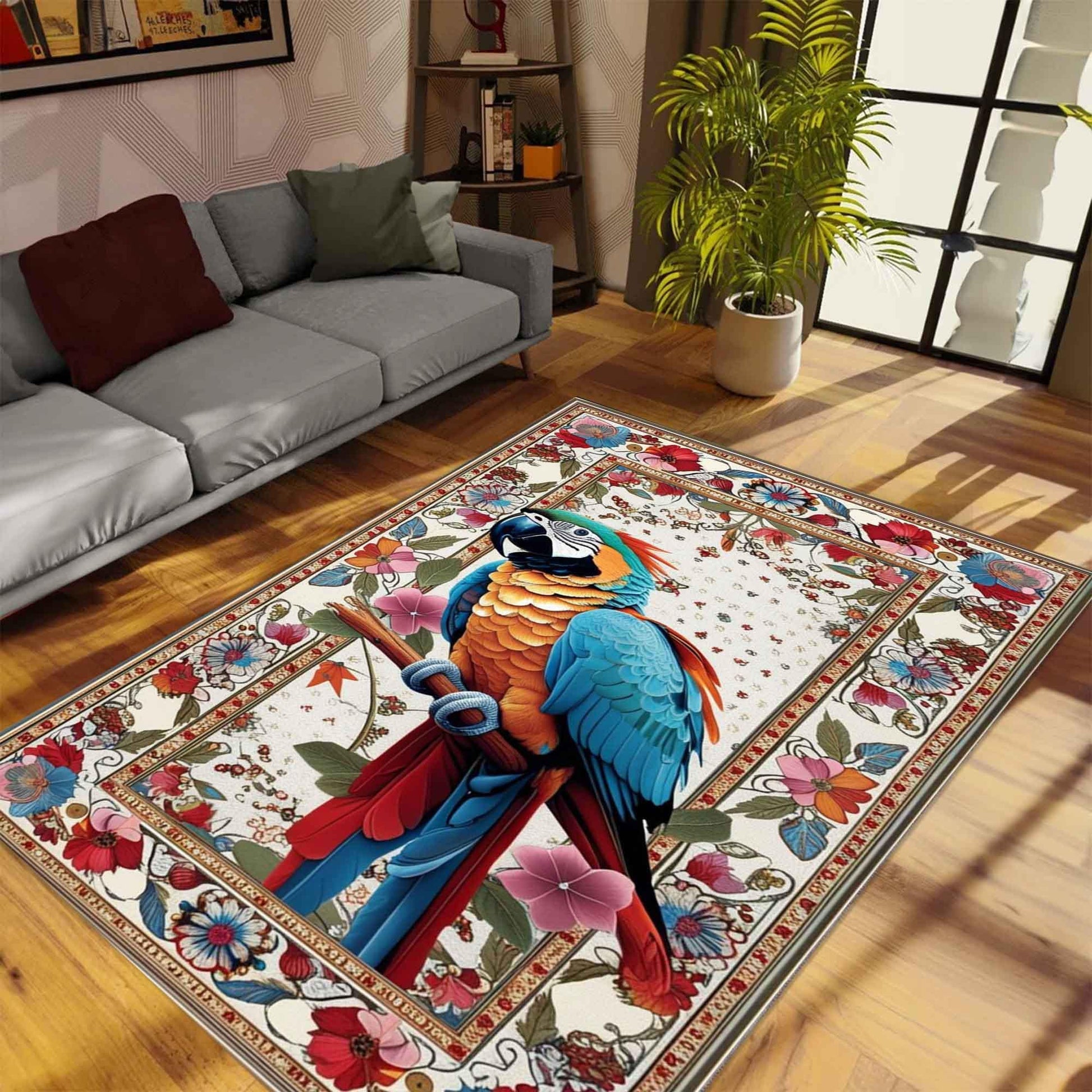 Traditional Parrot Rug with Teal & Pink Floral Accents, Rustic Wildlife Area Rug, Oriental Baby Parrot Gift, Forest Decor