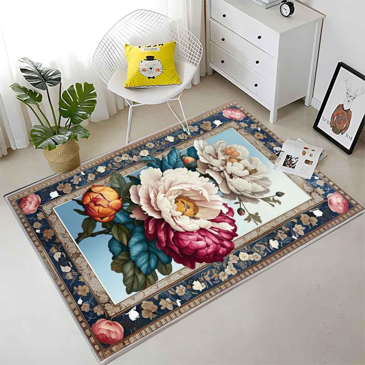 Colorful Rose Rug Floral Area Rug Rustic Traditional Flower Carpet for Living Room Bedroom Kitchen Decor, Roses Accent Carpet