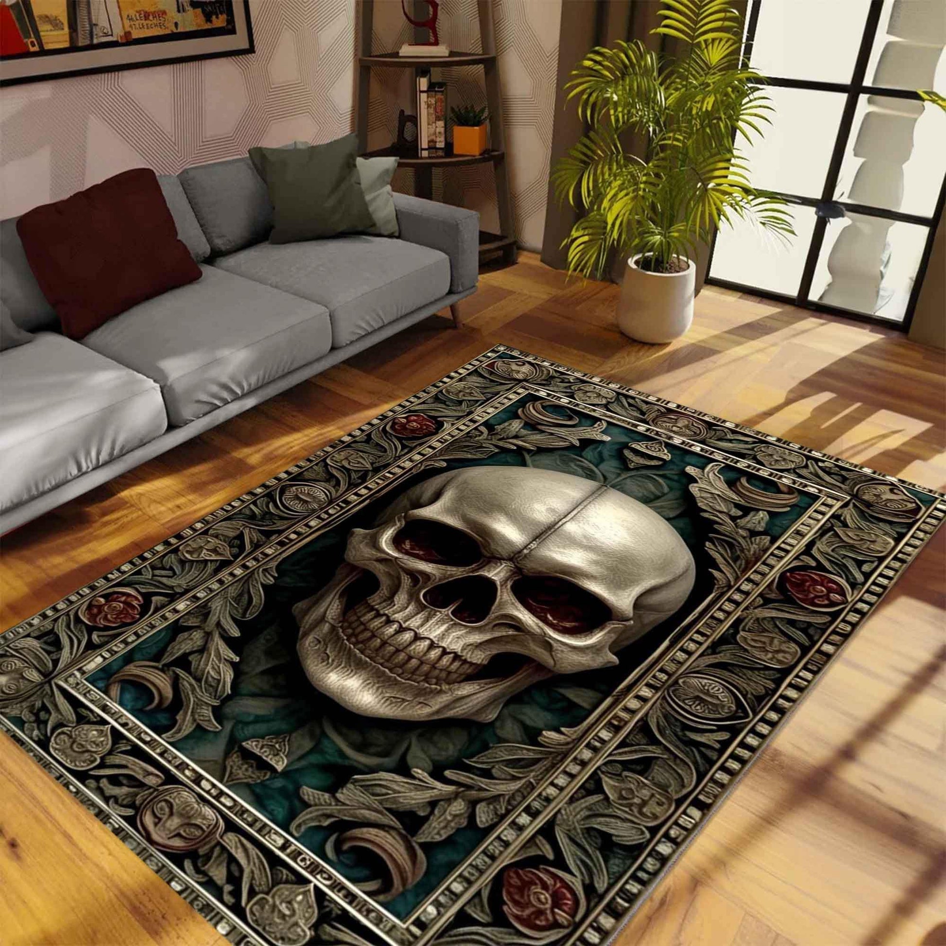 Gothic Skull Rug Vintage Occult Black Skull Area Rug Dark Academia Home Decor Halloween Decor Rug Mystical Boho Macabre Accent Mat
