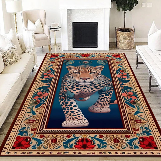 Traditional Leopard Rug, Colorful Painting Style Rustic Area Rug, Animal Print Home Decor, Unique Tribal Accent Carpet