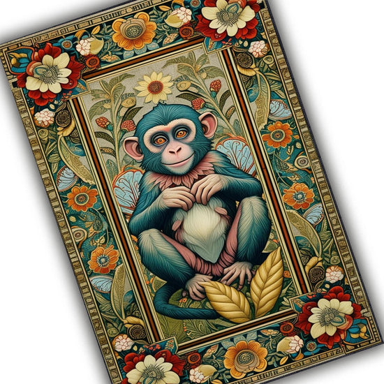 Botanical Monkey Rug Forestcore Boho Cottagecore Animal Decor Floral Bohemian Grunge Gothic Victorian Fairycore Carpet