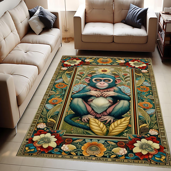 Botanical Monkey Rug Forestcore Boho Cottagecore Animal Decor Floral Bohemian Grunge Gothic Victorian Fairycore Carpet