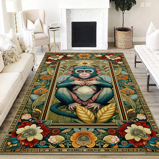 Botanical Monkey Rug Forestcore Boho Cottagecore Animal Decor Floral Bohemian Grunge Gothic Victorian Fairycore Carpet