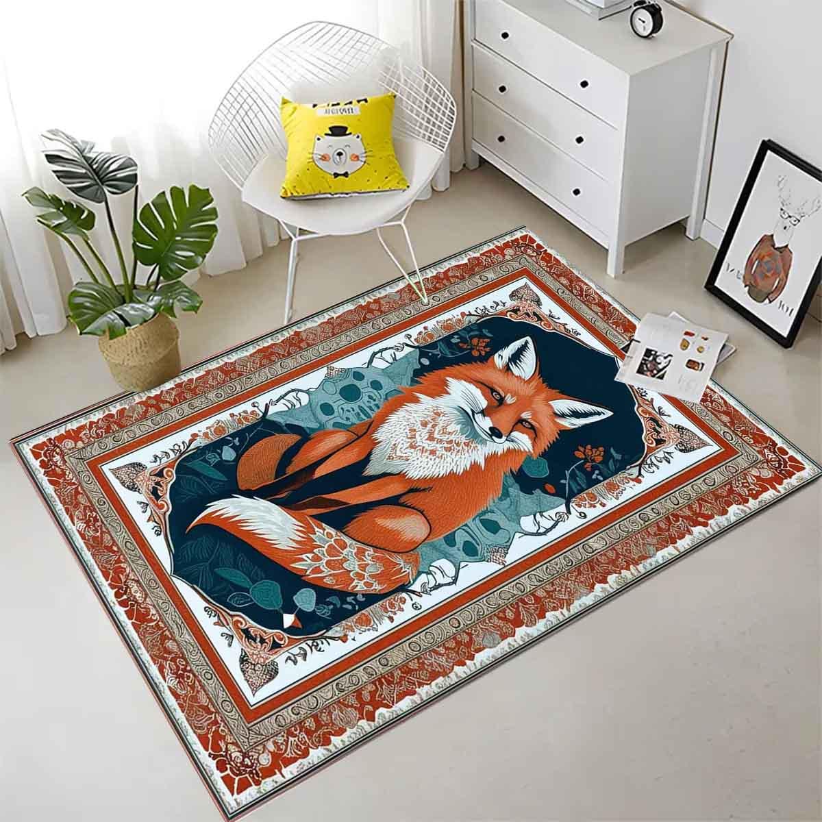 Rustic Fox Rug for Living Room - Whimsical Floral Animal Area Rug, Cute Orange Fox Decor Carpet, Vintage Kids Room Decorative Rug