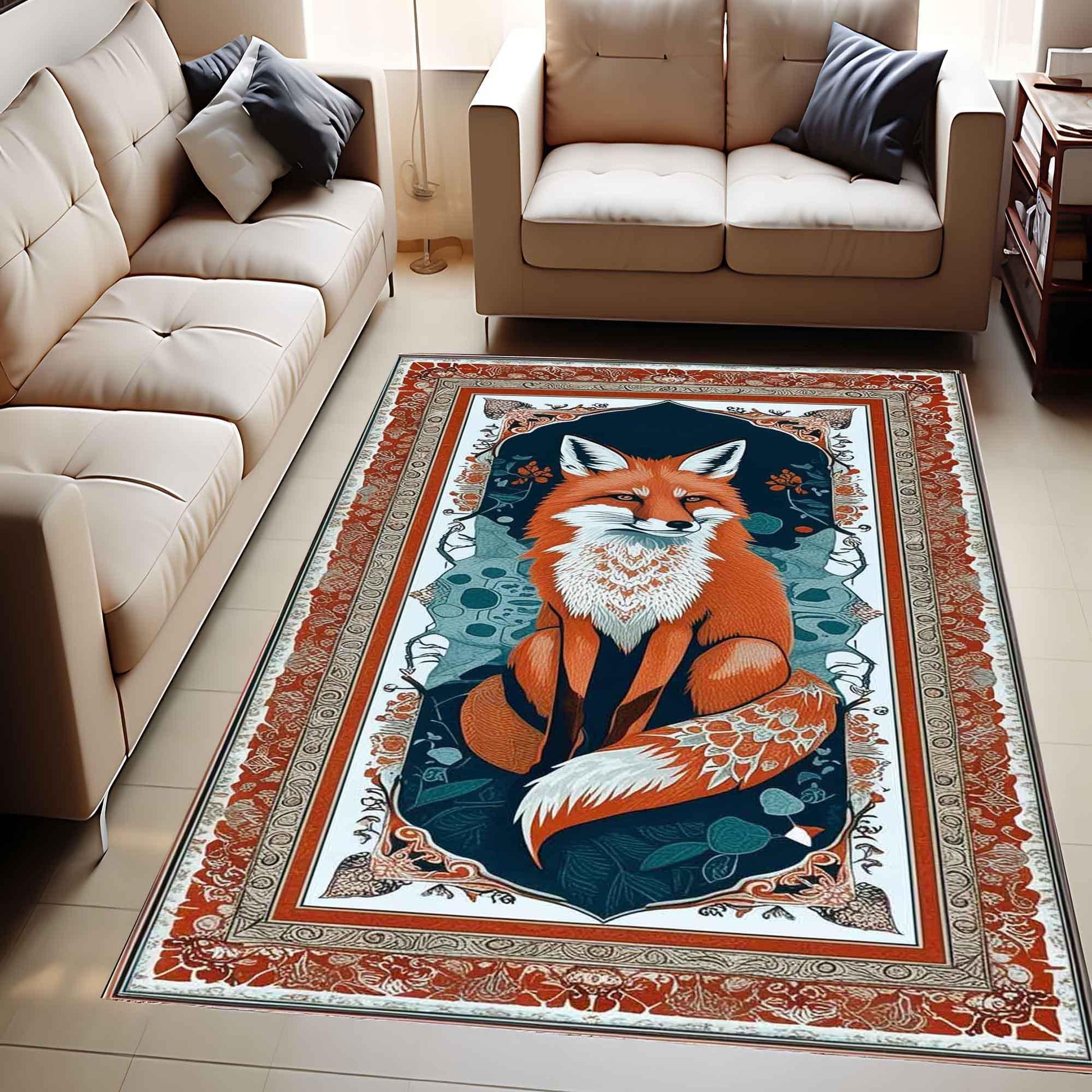 Rustic Fox Rug for Living Room - Whimsical Floral Animal Area Rug, Cute Orange Fox Decor Carpet, Vintage Kids Room Decorative Rug