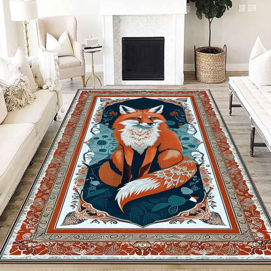 Rustic Fox Rug for Living Room - Whimsical Floral Animal Area Rug, Cute Orange Fox Decor Carpet, Vintage Kids Room Decorative Rug