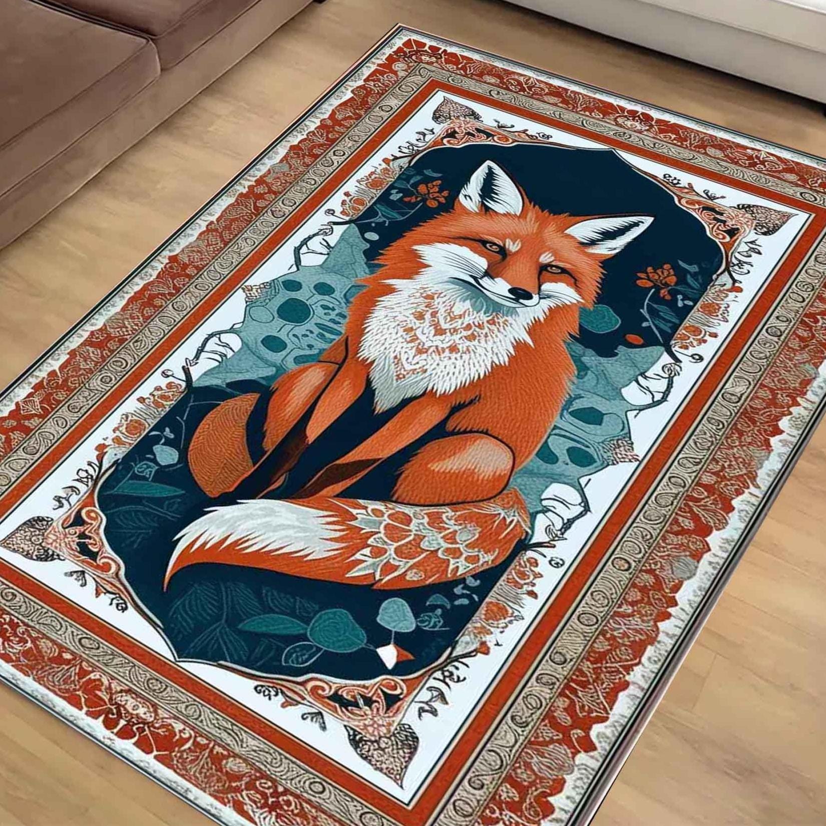 Rustic Fox Rug for Living Room - Whimsical Floral Animal Area Rug, Cute Orange Fox Decor Carpet, Vintage Kids Room Decorative Rug