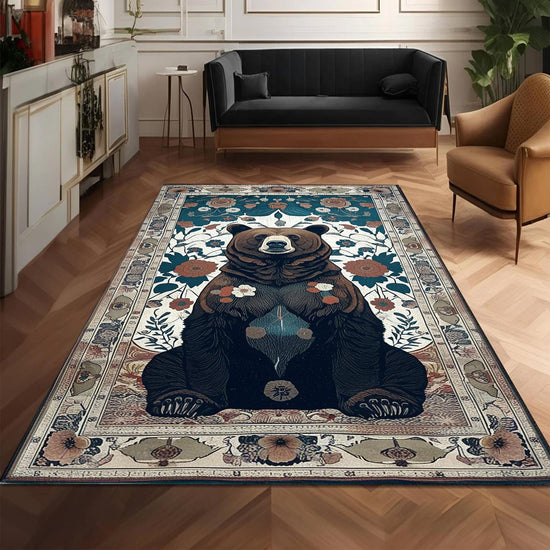 Bear Face Rug with Floral Frame, Vintage Dark Animal Area Rug for Rustic Lodge, Woodland Mountain Decor, Enchanted Grizzly Botanical Accent