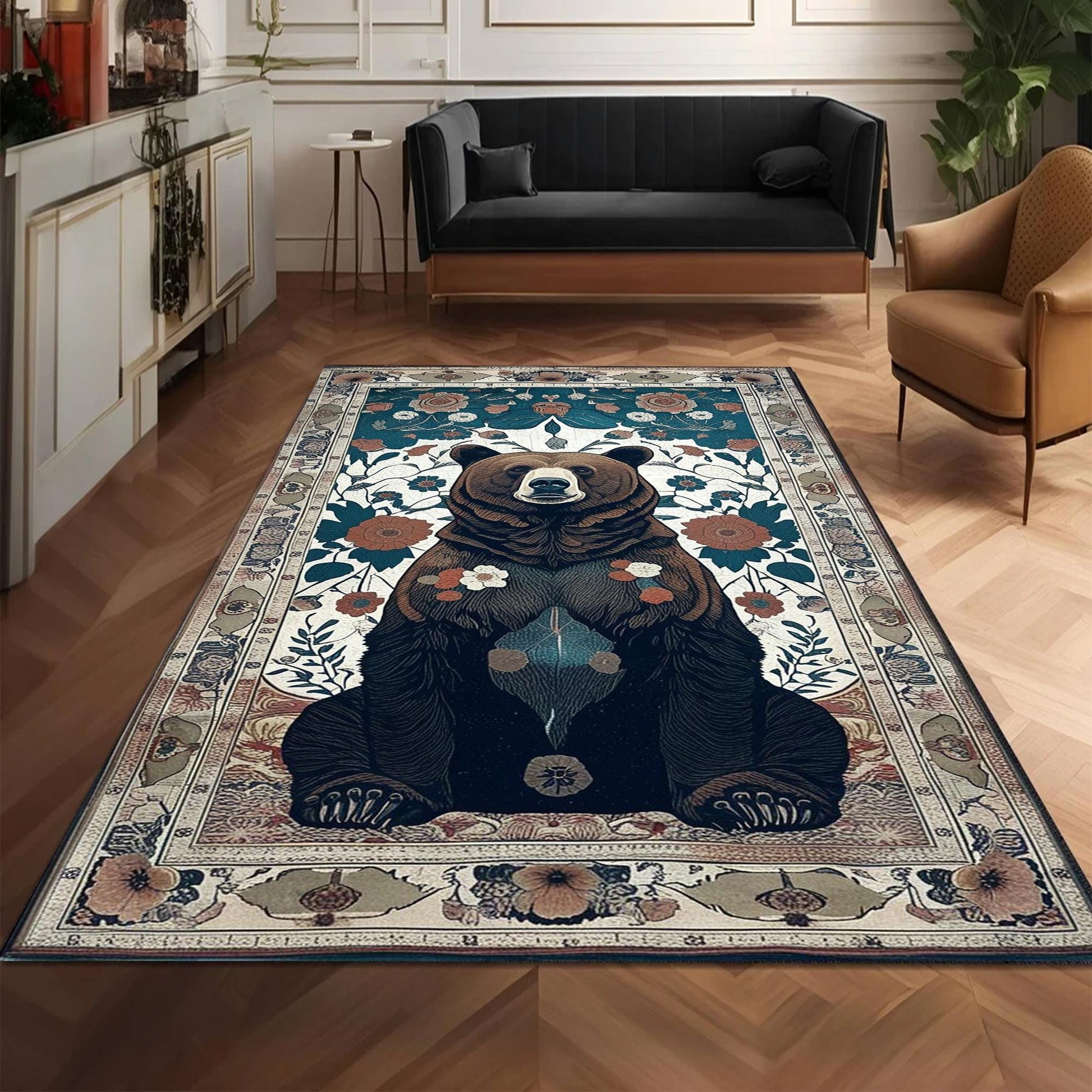 Bear Face Rug with Floral Frame, Vintage Dark Animal Area Rug for Rustic Lodge, Woodland Mountain Decor, Enchanted Grizzly Botanical Accent