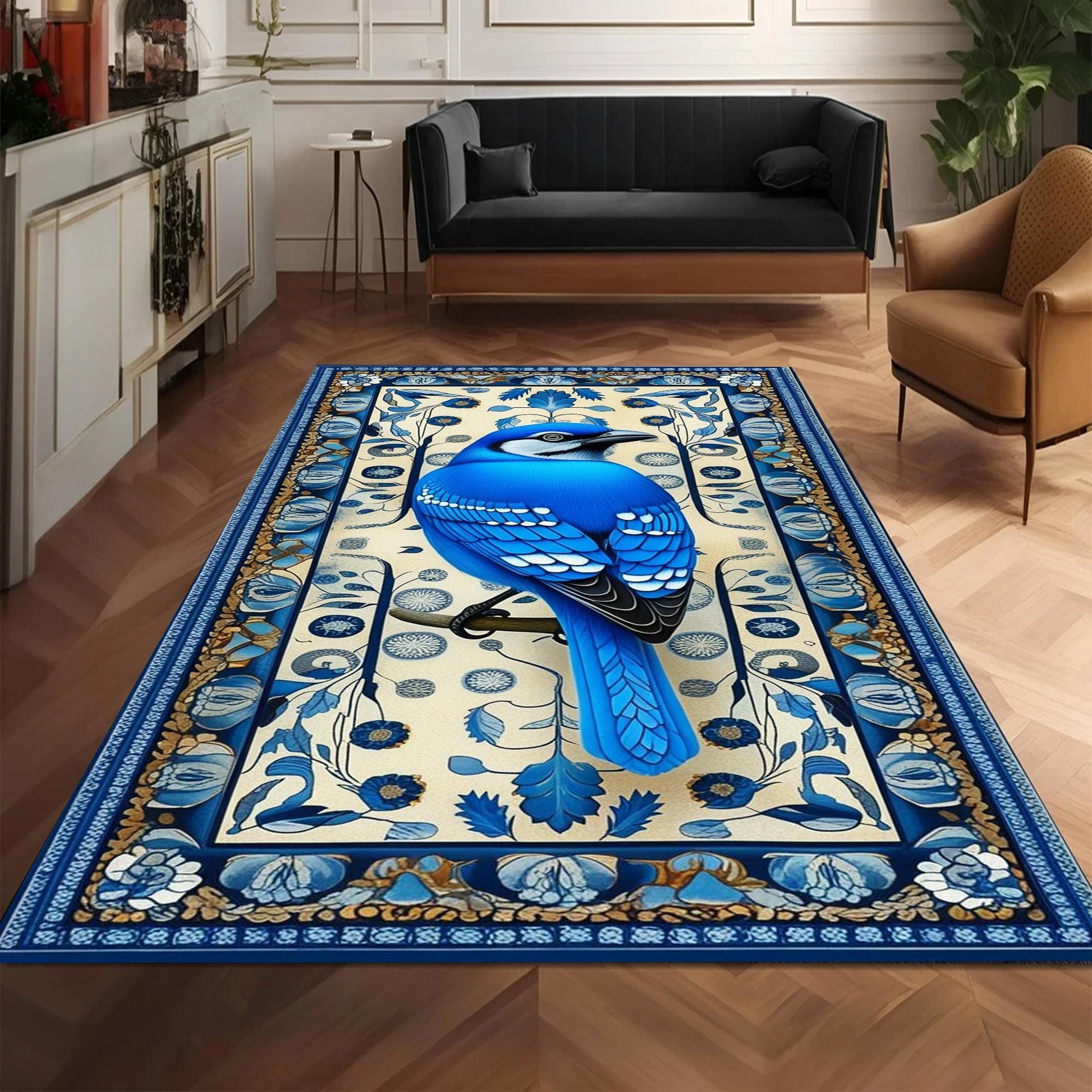 Blue Bird Rug With Floral Pattern - Designer Cottagecore Nature Rug, Washable Decorative Novelty Bird Rug for Home & Living