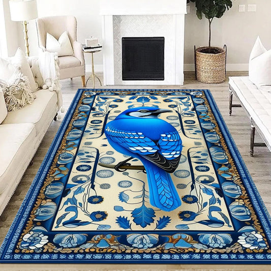 Blue Bird Rug With Floral Pattern - Designer Cottagecore Nature Rug, Washable Decorative Novelty Bird Rug for Home & Living