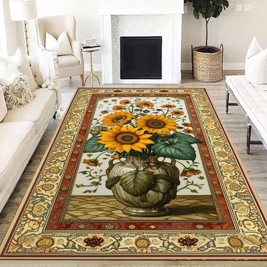 Sunflower Area Rug for Living Room & Bedroom, Traditional Rustic Colorful Flowers Rug, Painting Style Floral Decor Kitchen Mat
