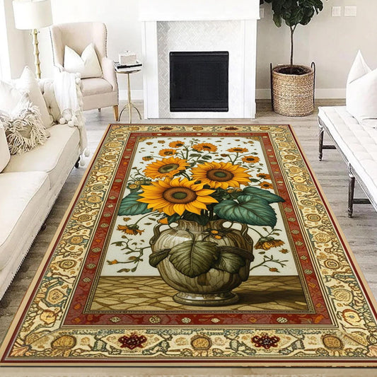 Sunflower Area Rug for Living Room & Bedroom, Traditional Rustic Colorful Flowers Rug, Painting Style Floral Decor Kitchen Mat