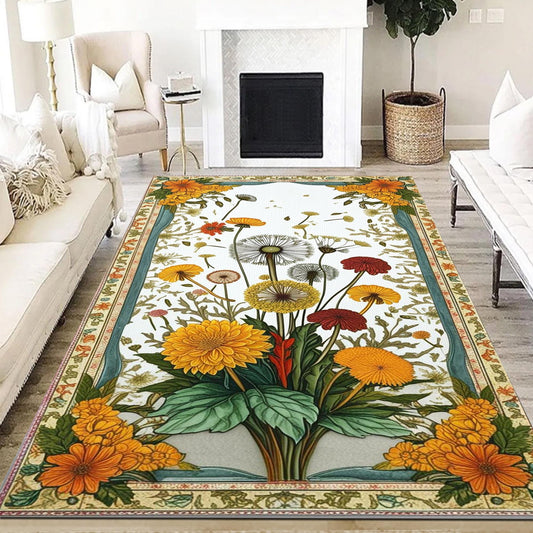 Rustic Dandelion Rug - Teal Flower Area Rug, Cozy Nature Inspired Decor, Traditional Warm Living Room Accent, Rustic Chic Home Decor