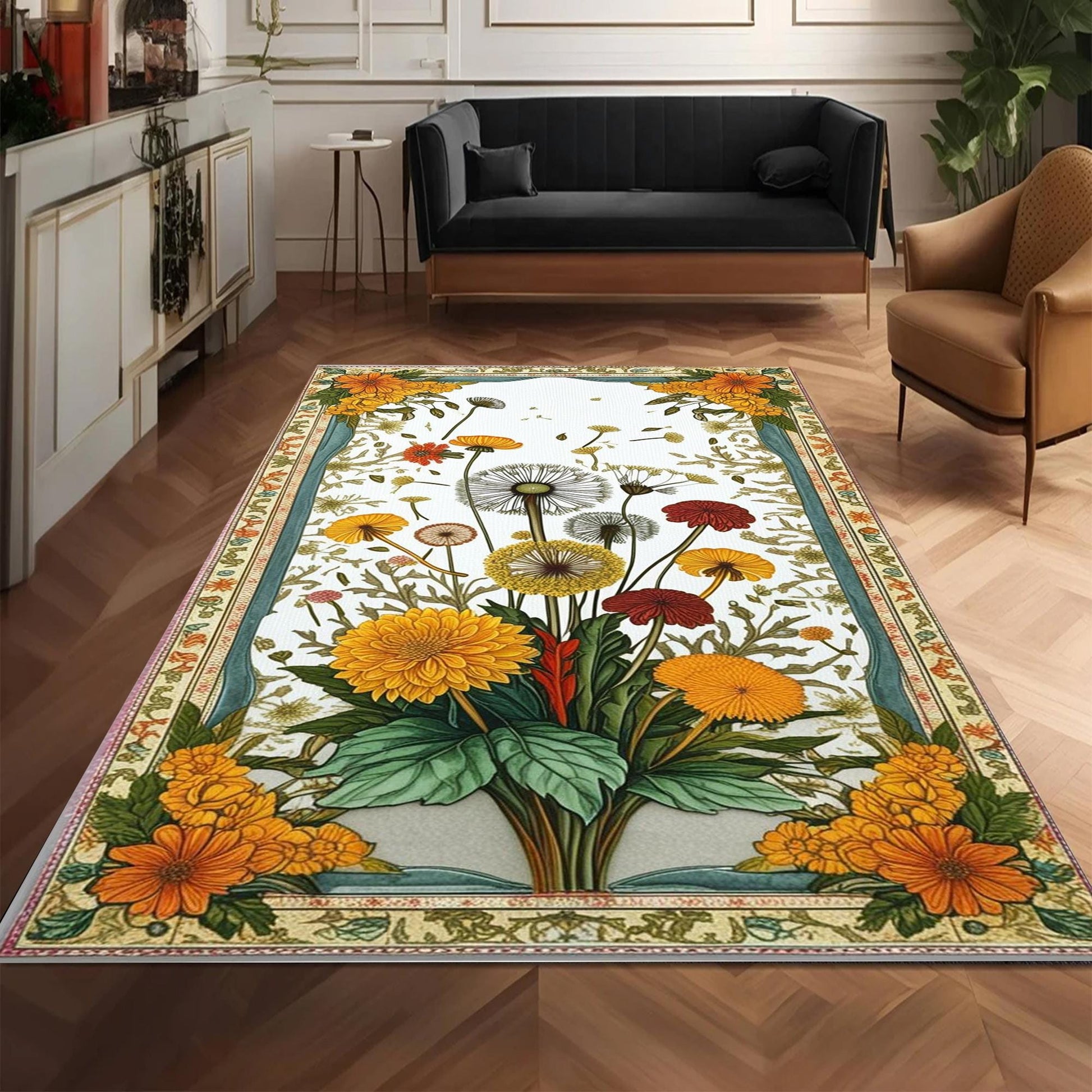 Rustic Dandelion Rug - Teal Flower Area Rug, Cozy Nature Inspired Decor, Traditional Warm Living Room Accent, Rustic Chic Home Decor