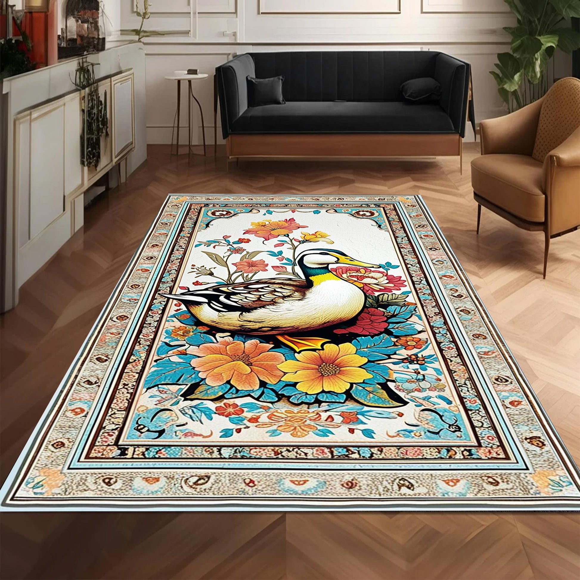 Vintage Duck Rug with Ornate Floral Frame, Rustic Farmhouse Animal Carpet for Cabin, Hunting Lodge & Nature Decor Floor Accent