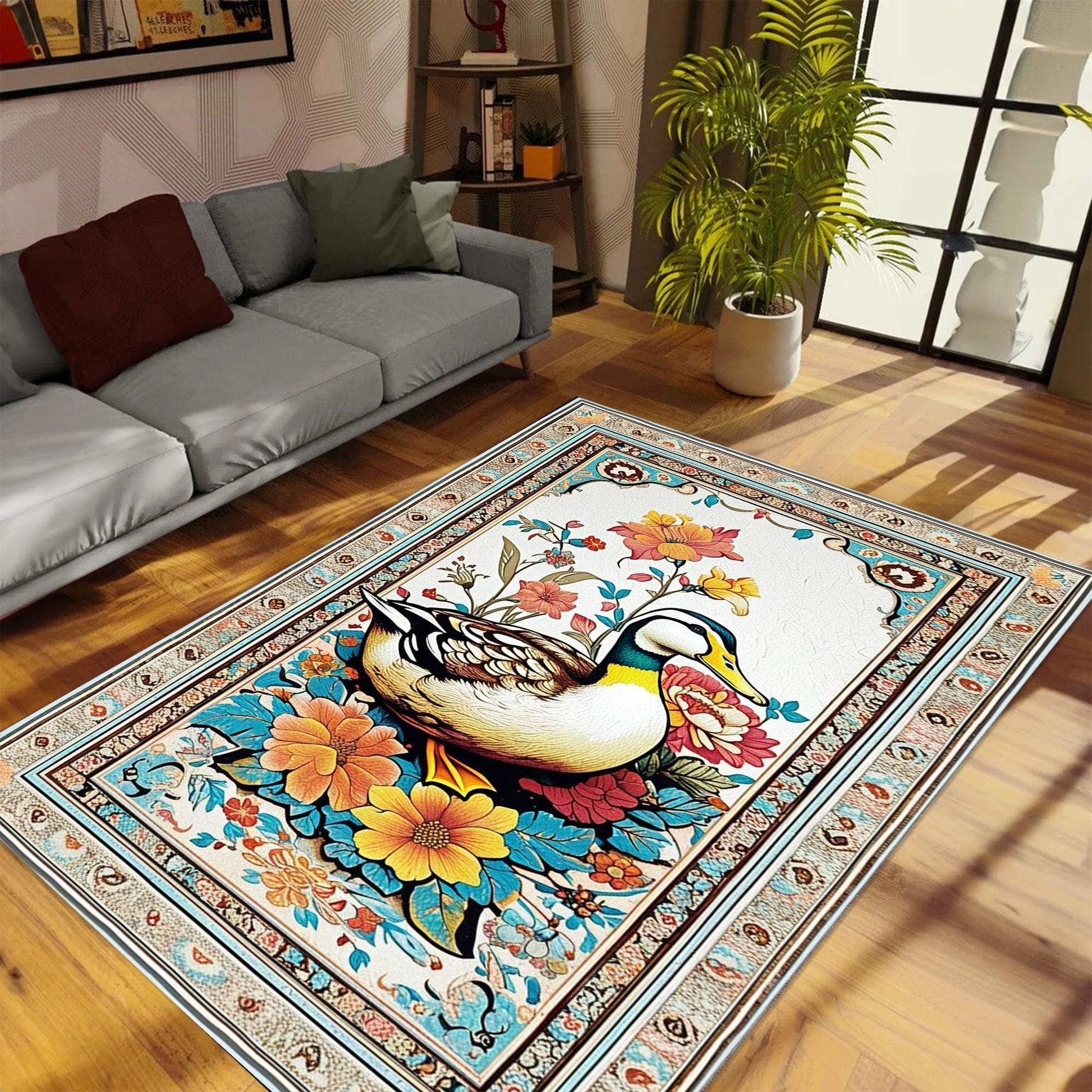 Vintage Duck Rug with Ornate Floral Frame, Rustic Farmhouse Animal Carpet for Cabin, Hunting Lodge & Nature Decor Floor Accent