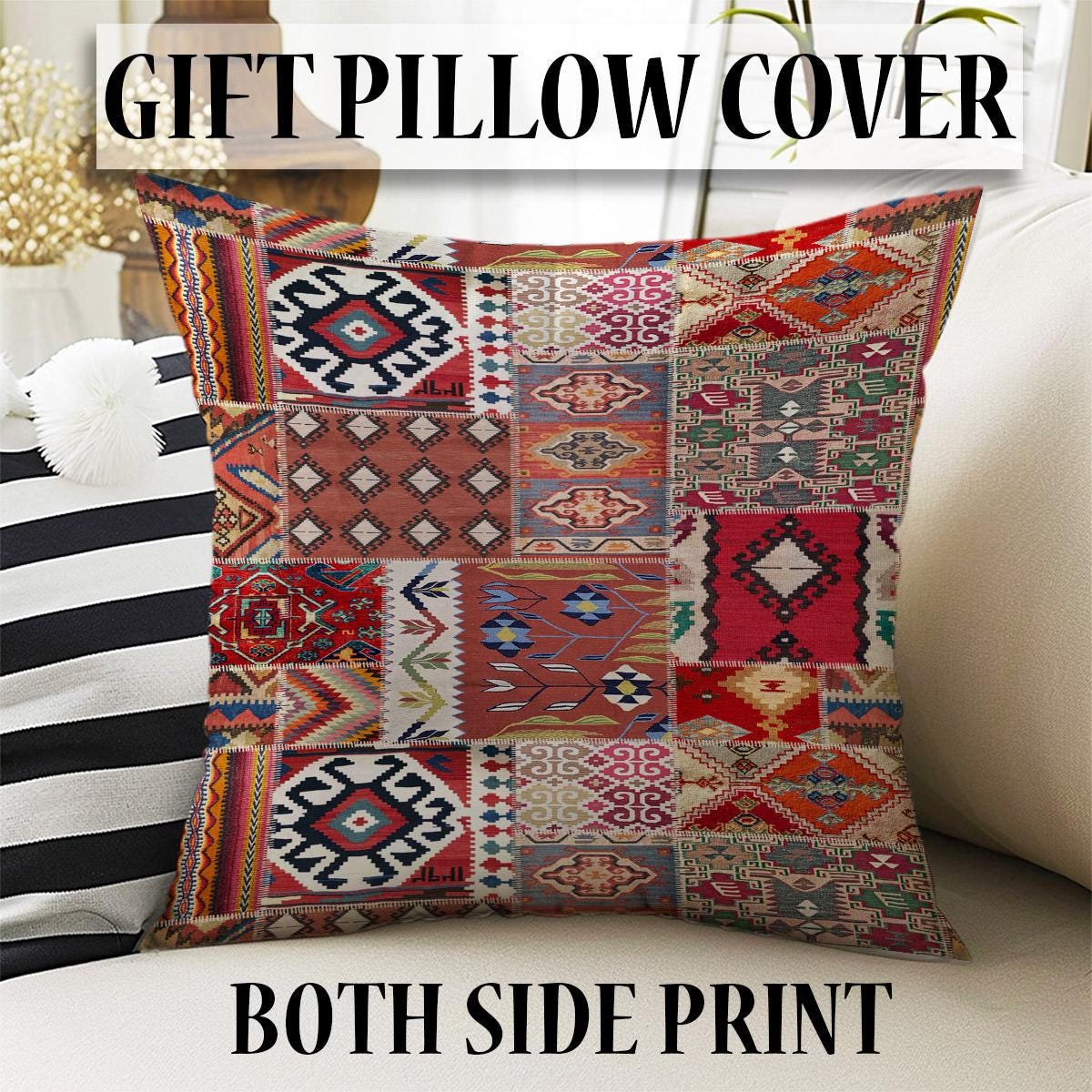 Authentic Ethnic Retro Persian Non-Slip Turkish Kilim Area Rug, Washable Living Room Rugs with pillow case gift, Housewarming Gift